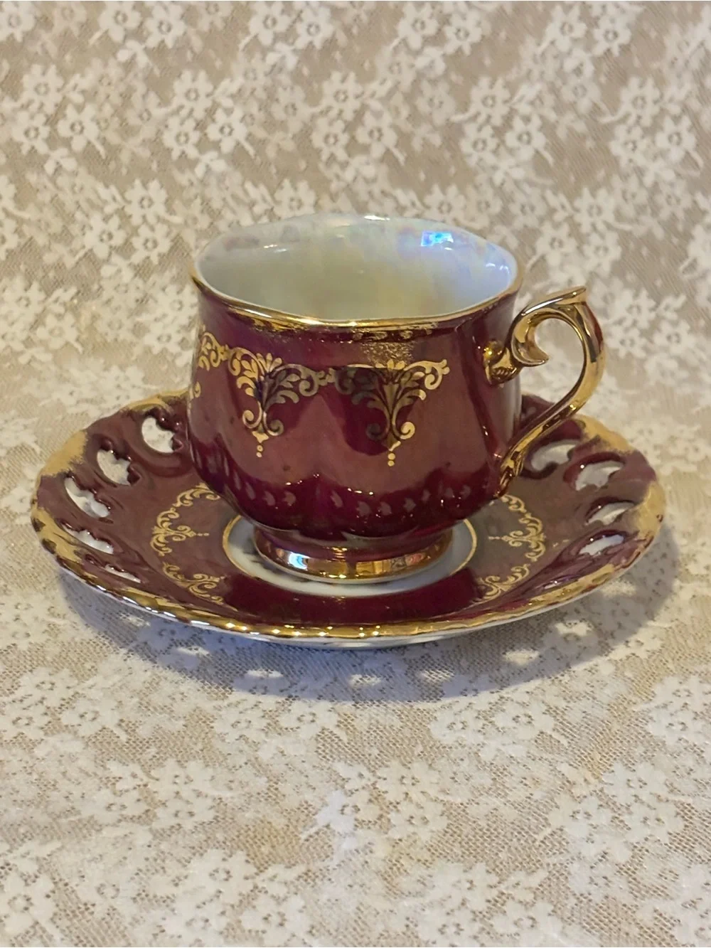 Vintage Ohashi China Burgundy & Gold Teacup & Saucer